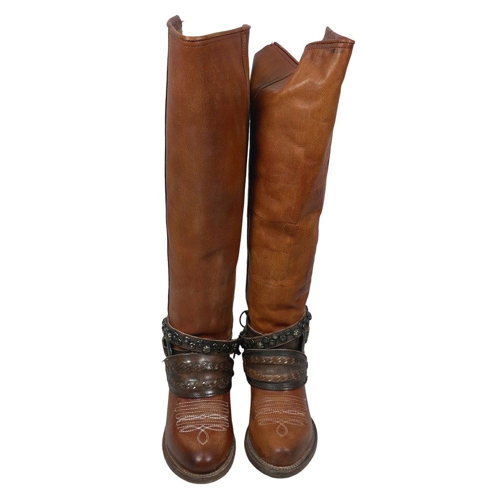 Freebird Steven Rodondo Whiskey Leather Tall Western Boots Women 7 Studded Zip - Picture 3 of 14